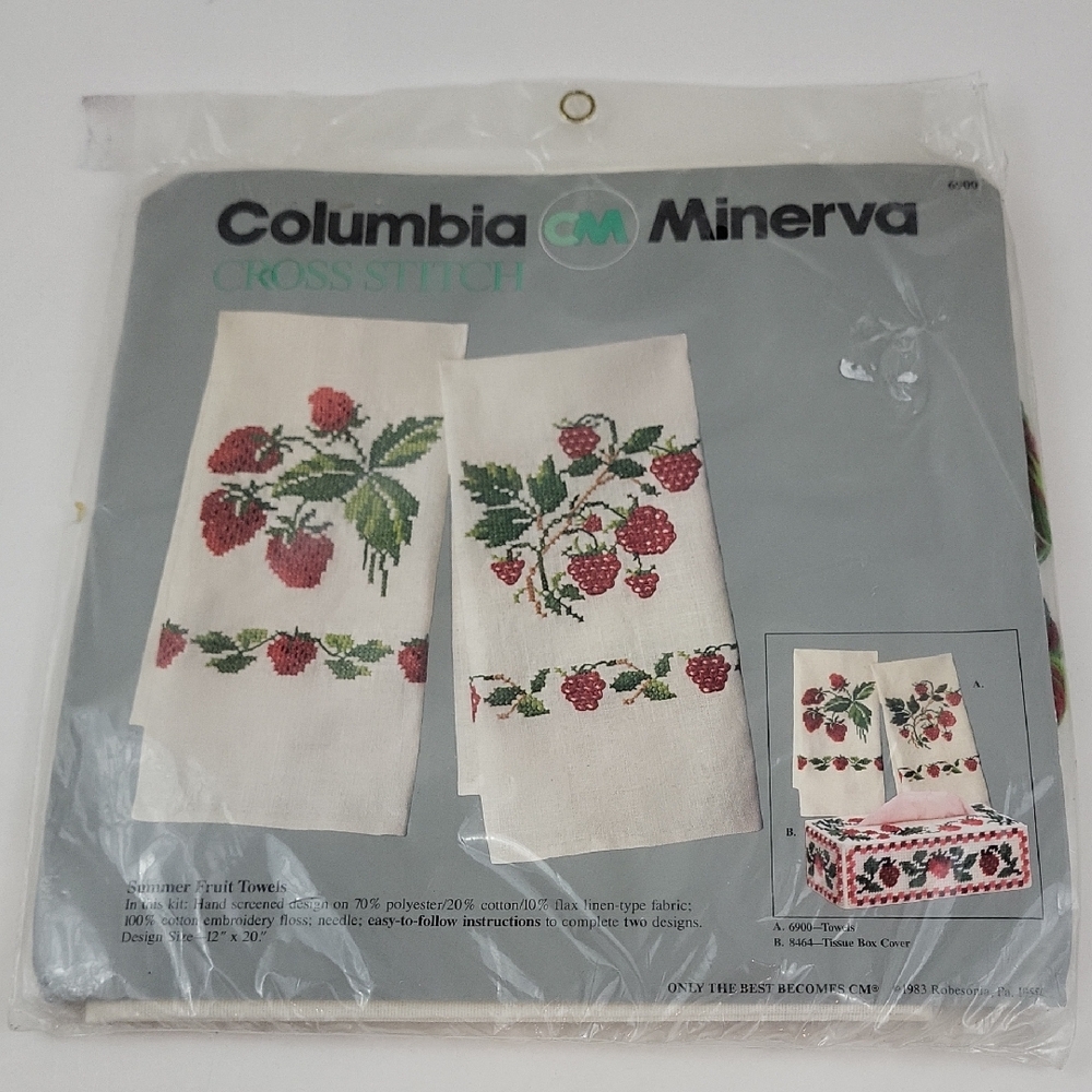 Vtg New Columbia-Minerva "Summer Fruit Towels" Cross-Stitch Kit #6900 80s